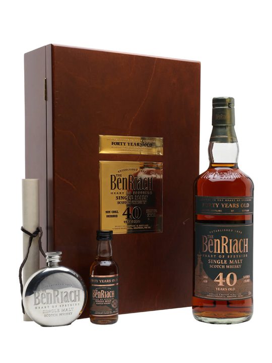 Benriach 40 Year Old + Hip Flask & Miniature Speyside Whisky
